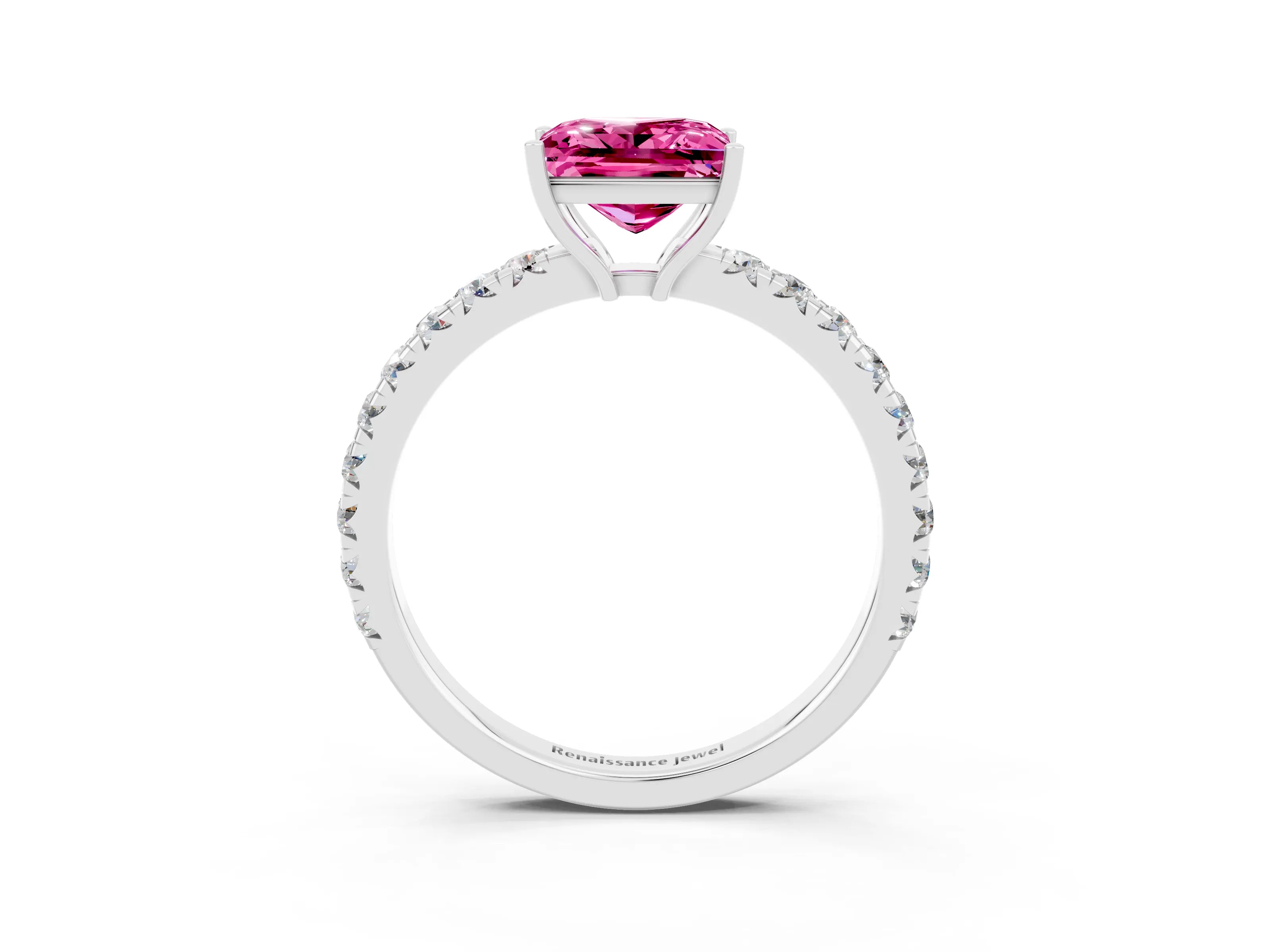 White gold Princess Cut Pink Sapphire Pavé Solitaire Engagement Ring with Four-Prong Setting_15