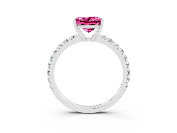 Silver Princess Cut Pink Sapphire Pavé Solitaire Engagement Ring with Four-Prong Setting