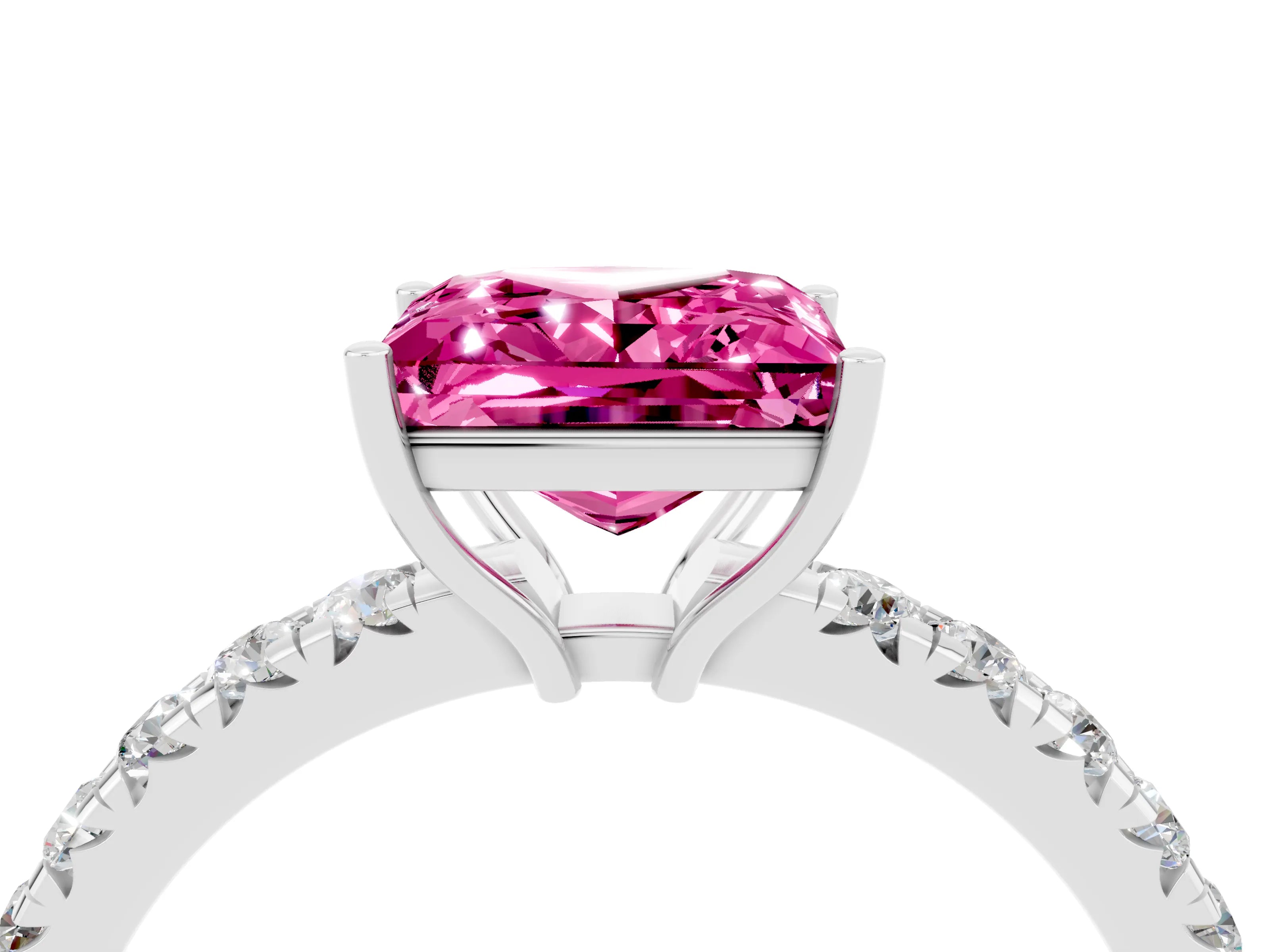 White gold Princess Cut Pink Sapphire Pavé Solitaire Engagement Ring with Four-Prong Setting_16