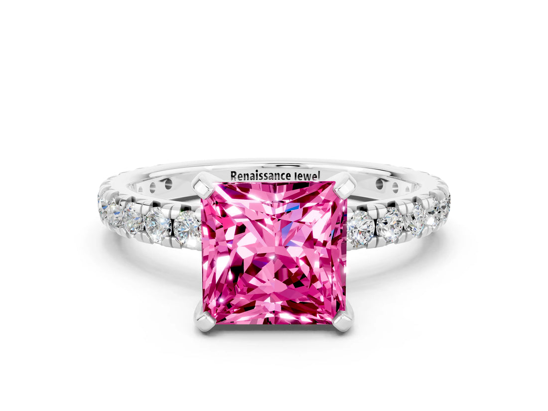 White gold Princess Cut Pink Sapphire Pavé Solitaire Ring with Round Band and Prong Setting_12