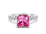 White gold Princess Cut Pink Sapphire Pavé Solitaire Ring with Round Band and Prong Setting_12