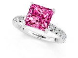 White gold Princess Cut Pink Sapphire Pavé Solitaire Ring with Round Band and Prong Setting_13