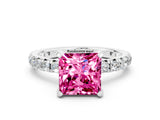 White gold Princess Cut Pink Sapphire Pavé Solitaire Ring with Round Band and Prong Setting_36