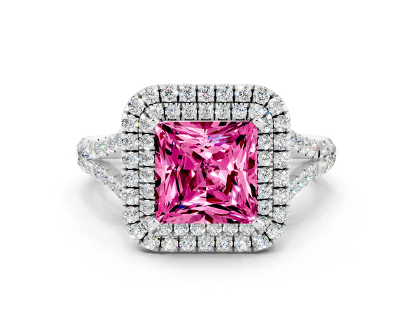 Platinum Princess Cut Pink Sapphire Pavé Split Shank Double Halo Engagement Ring