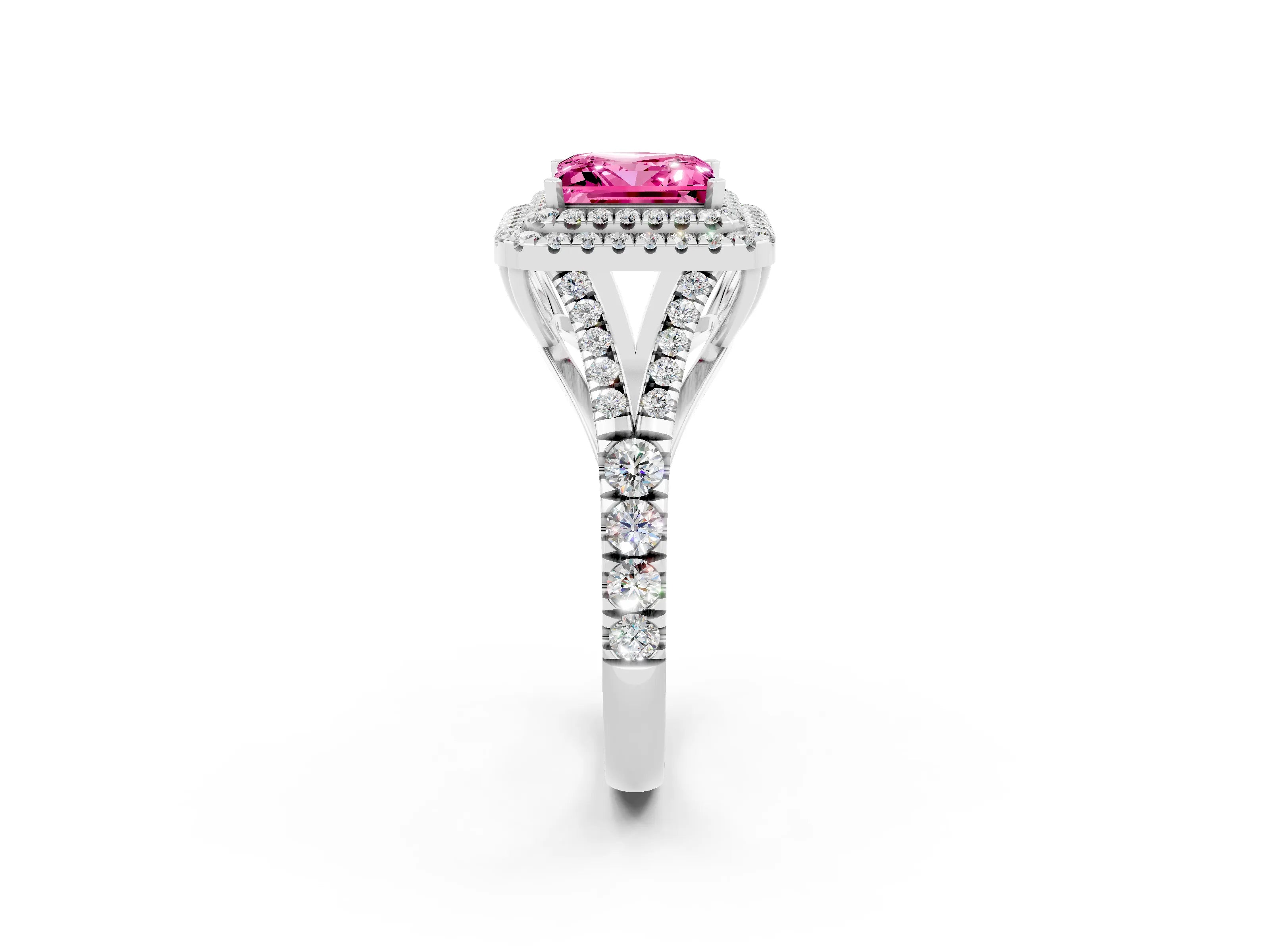 White gold Princess Cut Pink Sapphire Pavé Split Shank Double Halo Engagement Ring_2