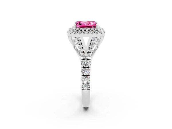 Platinum Princess Cut Pink Sapphire Pavé Split Shank Double Halo Engagement Ring