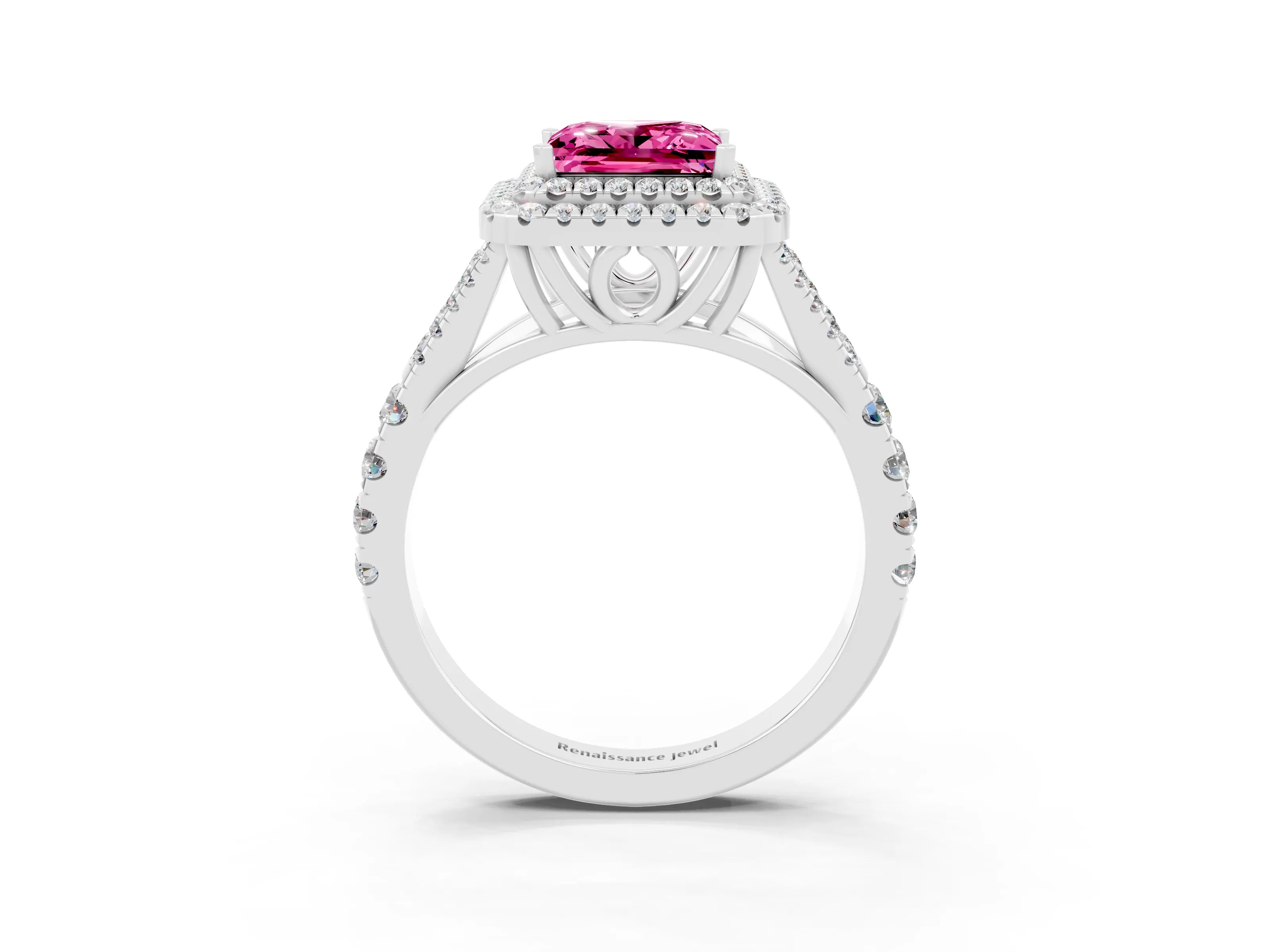 White gold Princess Cut Pink Sapphire Pavé Split Shank Double Halo Engagement Ring_3