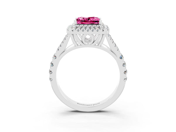 Silver Princess Cut Pink Sapphire Pavé Split Shank Double Halo Engagement Ring