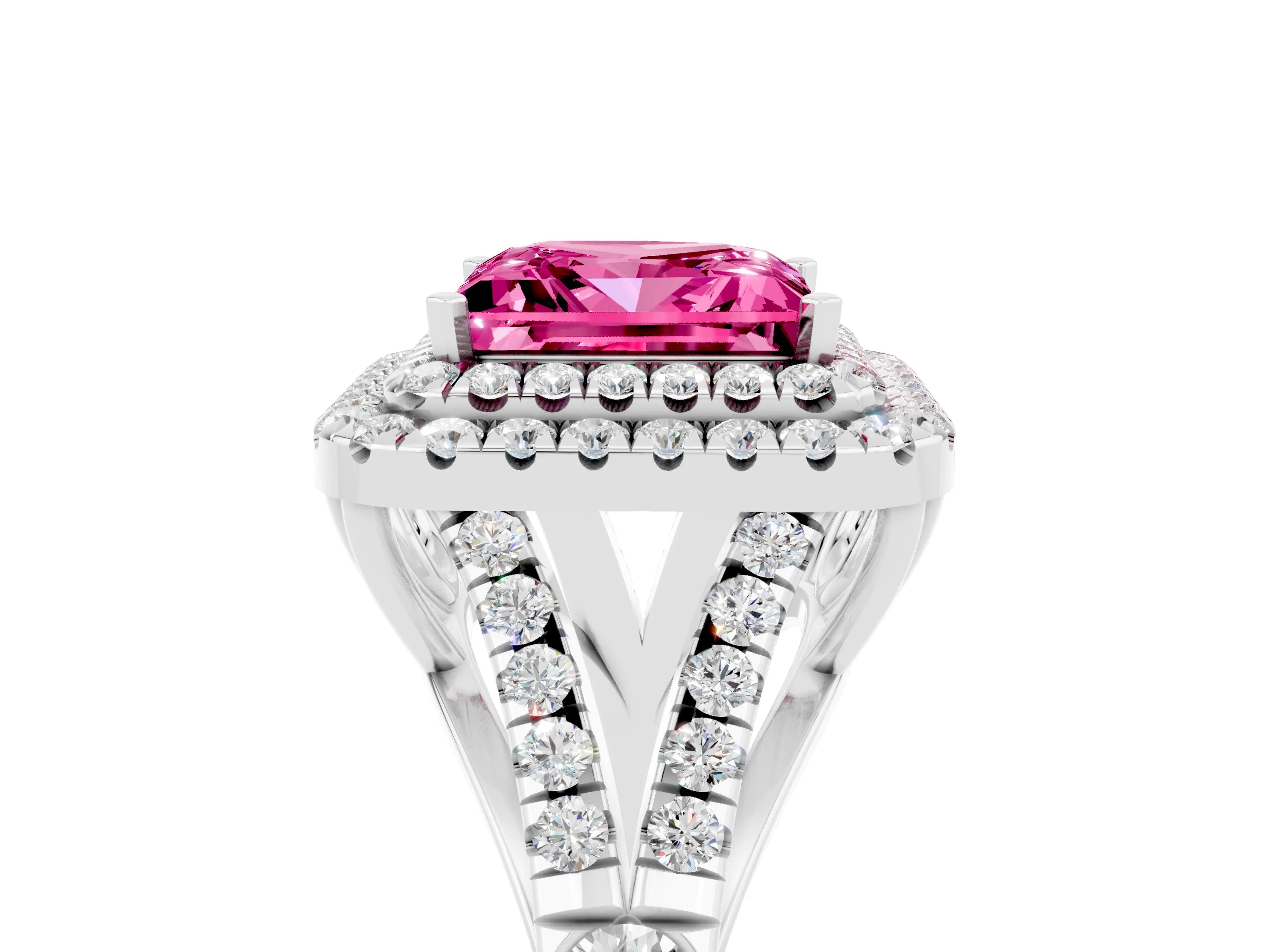 White gold Princess Cut Pink Sapphire Pavé Split Shank Double Halo Engagement Ring_5