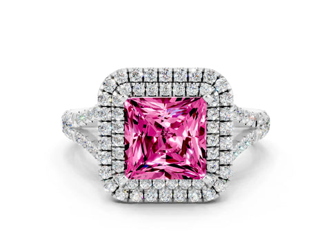 White gold Princess Cut Pink Sapphire Pavé Split Shank Double Halo Engagement Ring