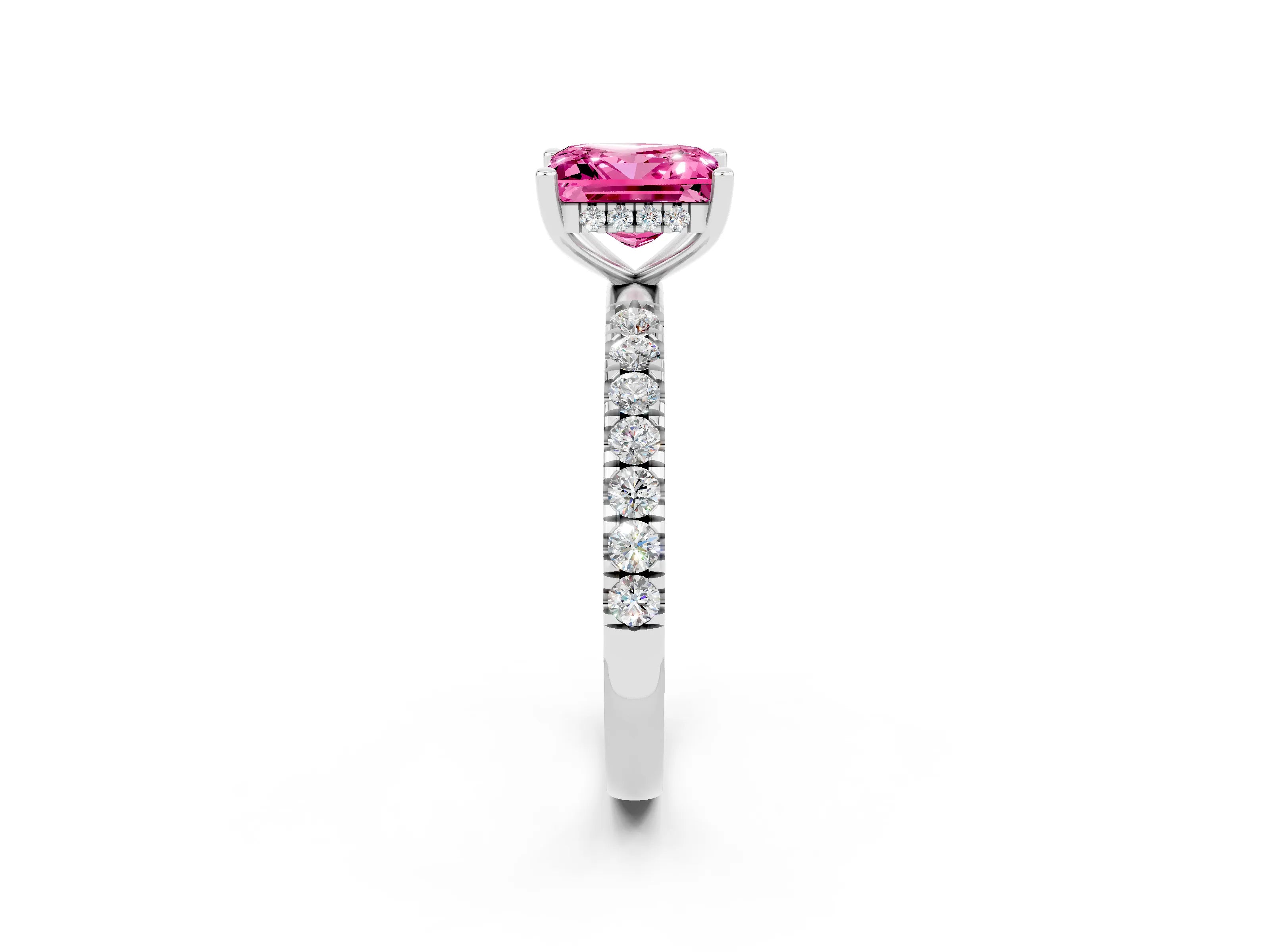 White gold Princess Cut Pink Sapphire Pave Band Solitaire Ring with Four-Prong Setting_14