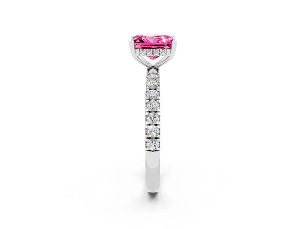 White gold Princess Cut Pink Sapphire Pave Band Solitaire Ring with Round  and Prong Setting