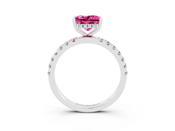 White gold Princess Cut Pink Sapphire Pave Band Solitaire Ring with Round  and Prong Setting