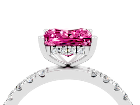White gold Princess Cut Pink Sapphire Pave Band Solitaire Ring with Four-Prong Setting_16