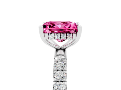 White gold Princess Cut Pink Sapphire Pave Band Solitaire Ring with Four-Prong Setting_17