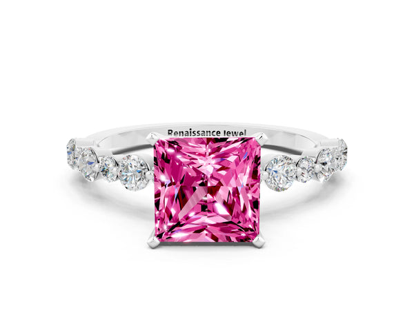 Platinum Princess Cut Pink Sapphire Prong Set Engagement Ring with Pavé Band