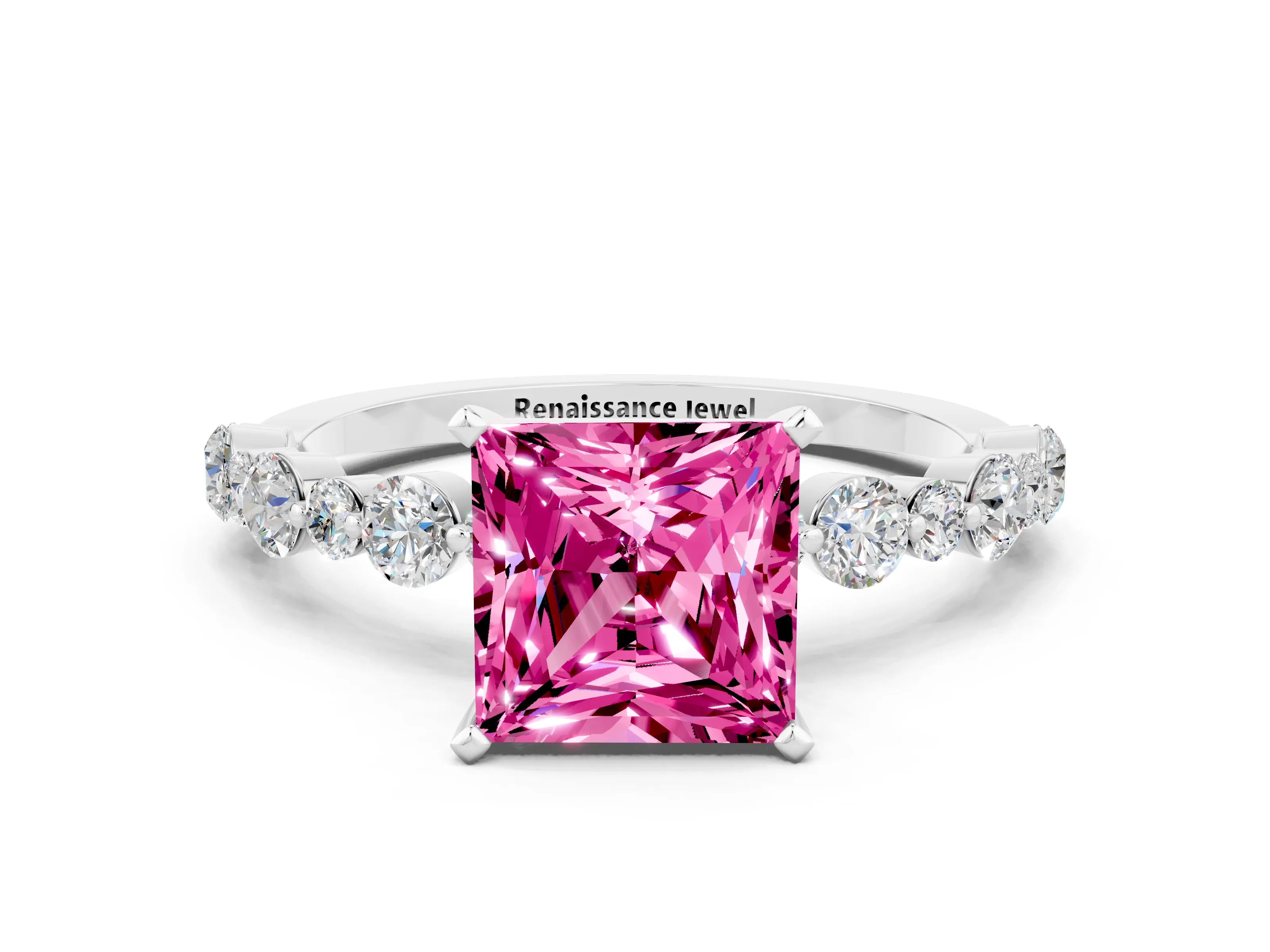 White gold Princess Cut Pink Sapphire Prong Set Engagement Ring with Pavé Band_12