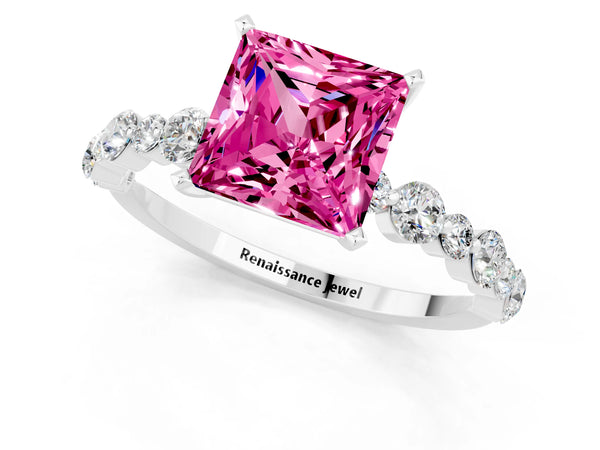 Platinum Princess Cut Pink Sapphire Prong Set Engagement Ring with Pavé Band