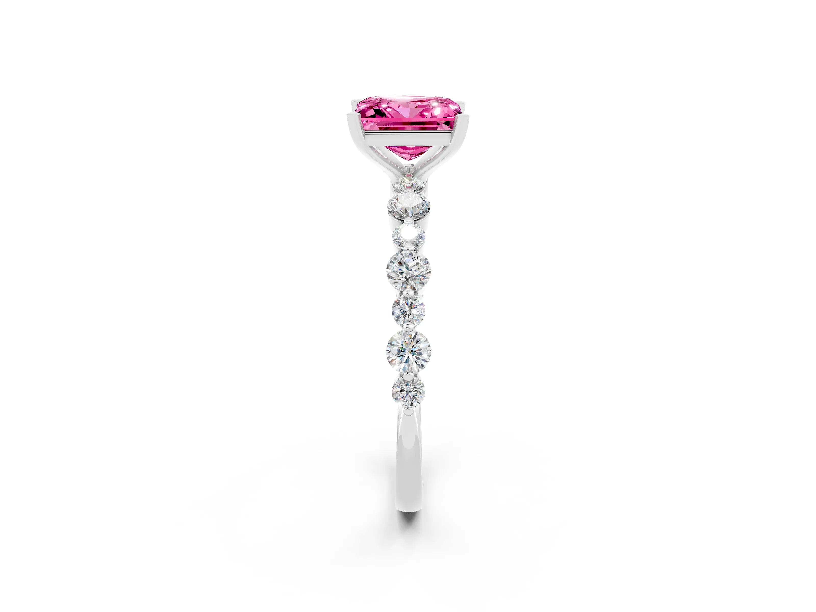 White gold Princess Cut Pink Sapphire Prong Set Engagement Ring with Pavé Band_14