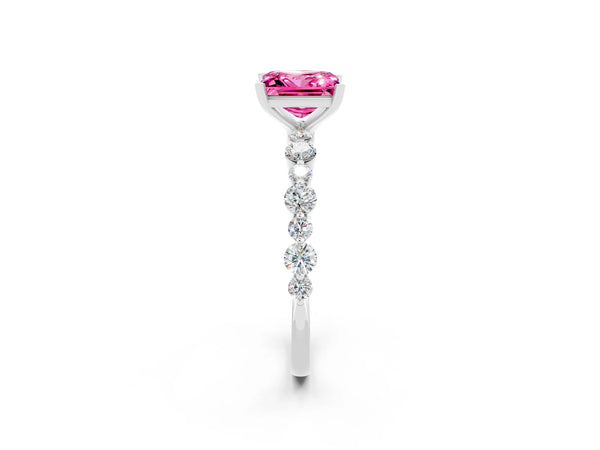 Platinum Princess Cut Pink Sapphire Prong Set Engagement Ring with Pavé Band