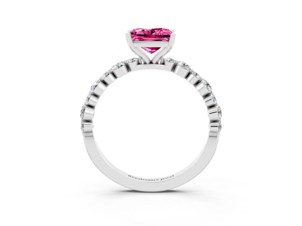 Silver Princess Cut Pink Sapphire Prong Set Engagement Ring with Pavé Band