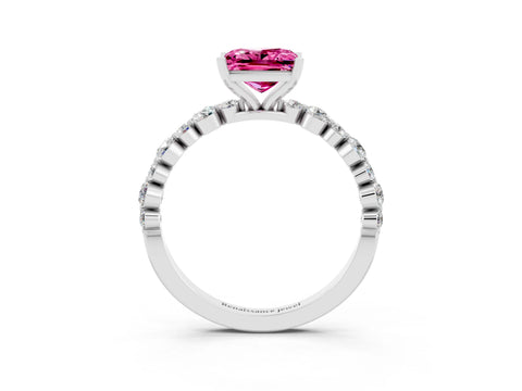 White gold Princess Cut Pink Sapphire Prong Set Engagement Ring with Pavé Band_15