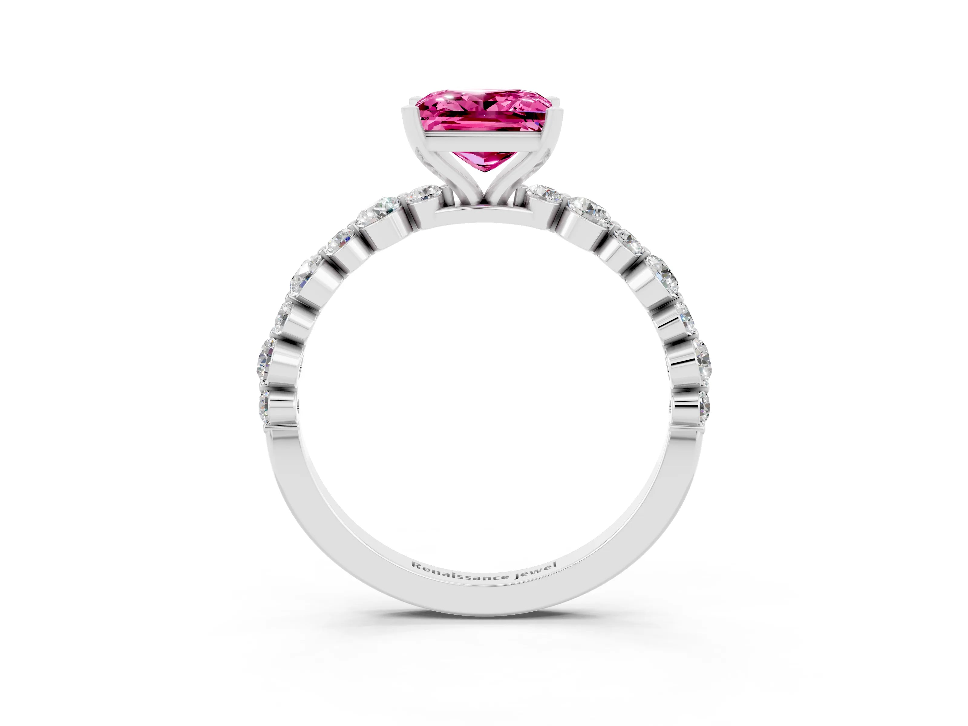 White gold Princess Cut Pink Sapphire Prong Set Engagement Ring with Pavé Band_15