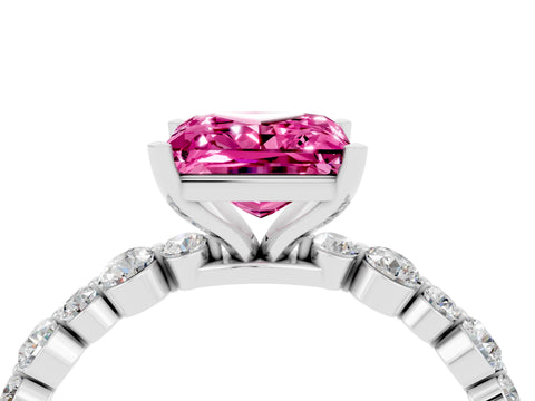 White gold Princess Cut Pink Sapphire Prong Set Engagement Ring with Pavé Band_16