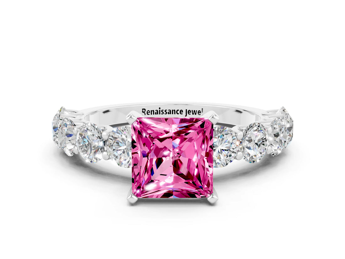 White gold Princess Cut Pink Sapphire Prong Setting with Side Stones on a Pave Band_24