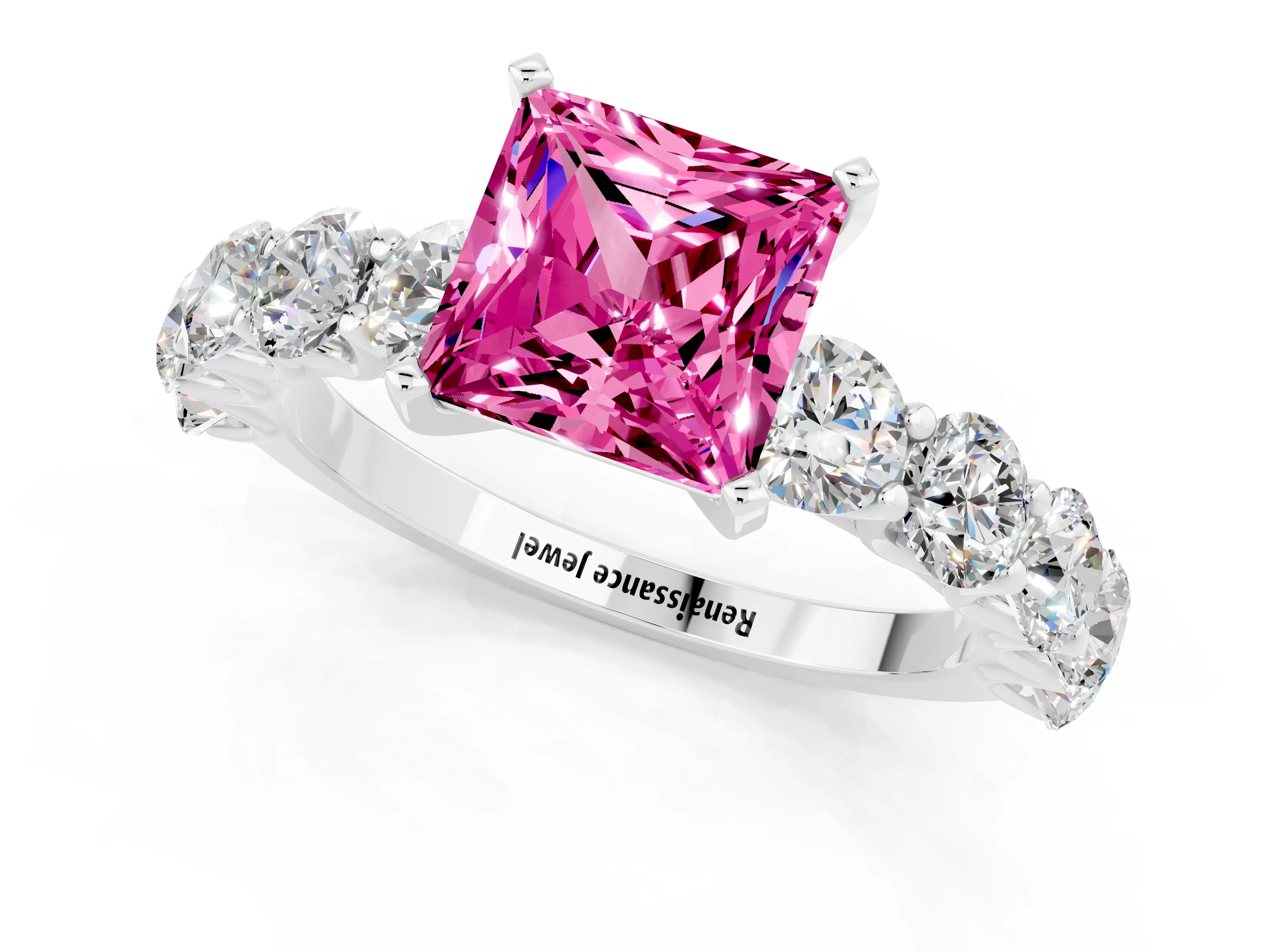 White gold Princess Cut Pink Sapphire Prong Setting with Side Stones on a Pave Band_25