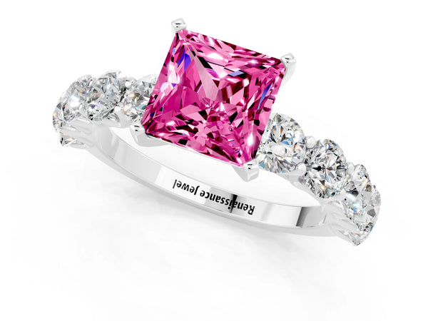 White gold Princess Cut Pink Sapphire Prong Setting with Side Stones on a Pave Band
