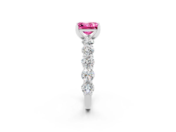 White gold Princess Cut Pink Sapphire Prong Setting with Side Stones on a Pave Band