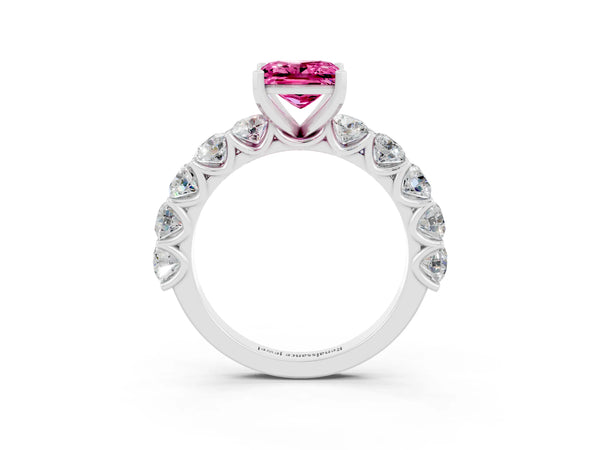 White gold Princess Cut Pink Sapphire Prong Setting with Side Stones on a Pave Band