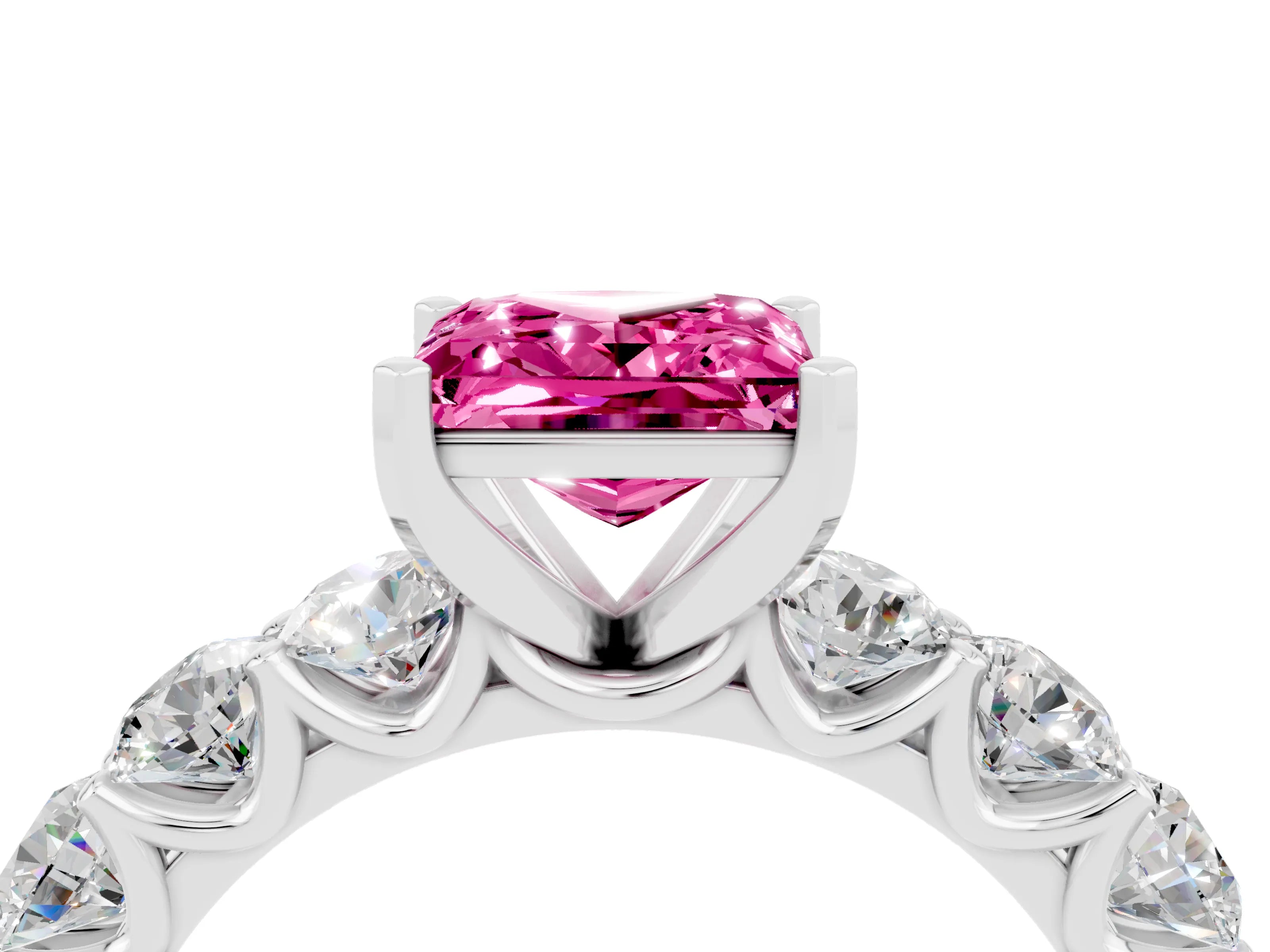 White gold Princess Cut Pink Sapphire Prong Setting with Side Stones on a Pave Band_28
