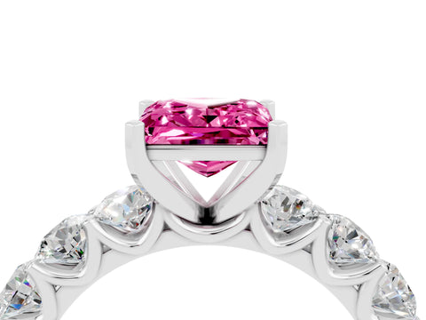 White gold Princess Cut Pink Sapphire Prong Setting with Side Stones on a Pave Band_28