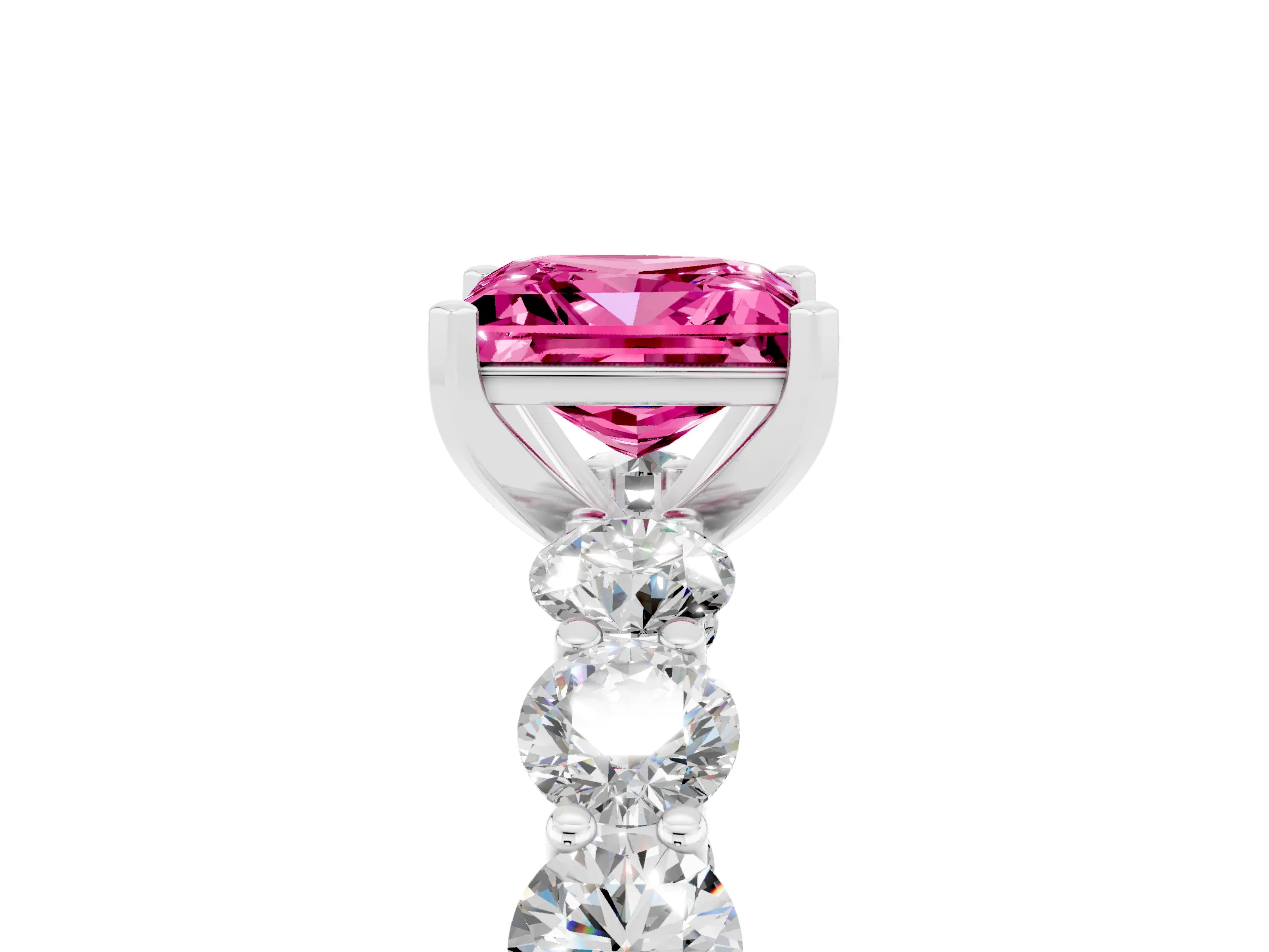 White gold Princess Cut Pink Sapphire Prong Setting with Side Stones on a Pave Band_29