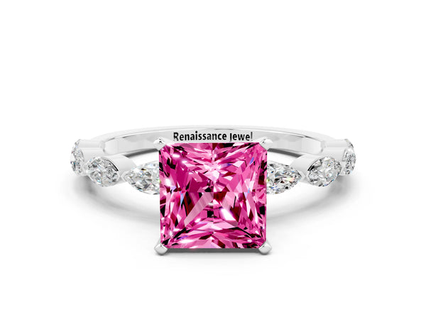 Silver Princess Cut Pink Sapphire Ring with Marquise Side Stones and Prong Setting