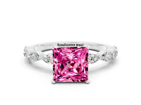 White gold Princess Cut Pink Sapphire Ring with Marquise Side Stones and Prong Setting_12