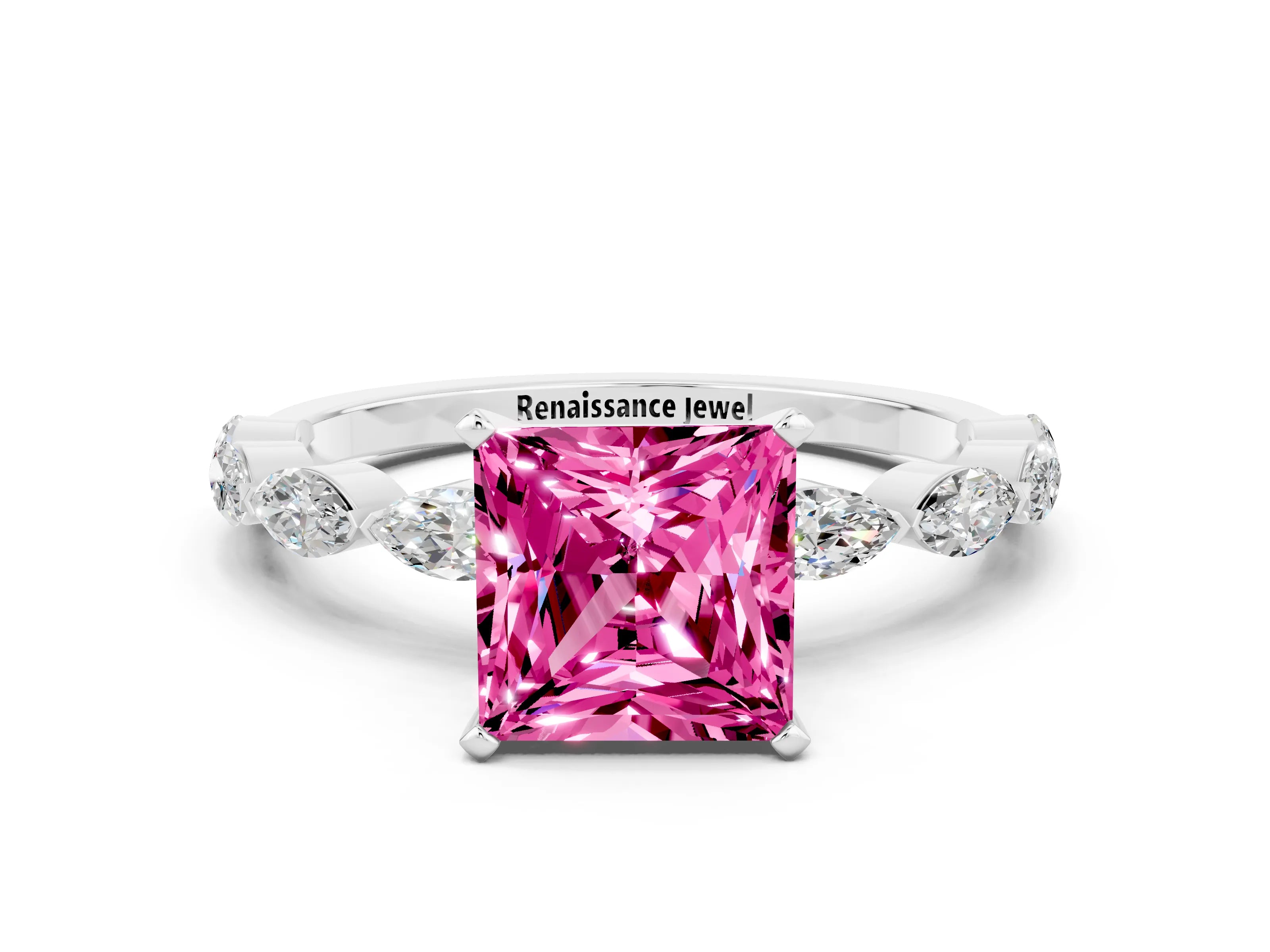 White gold Princess Cut Pink Sapphire Ring with Marquise Side Stones and Prong Setting_12