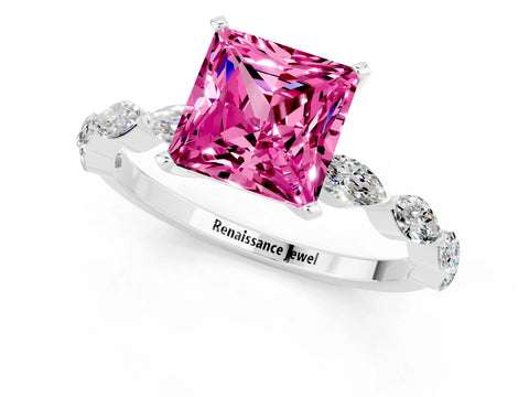 White gold Princess Cut Pink Sapphire Ring with Marquise Side Stones and Prong Setting_13