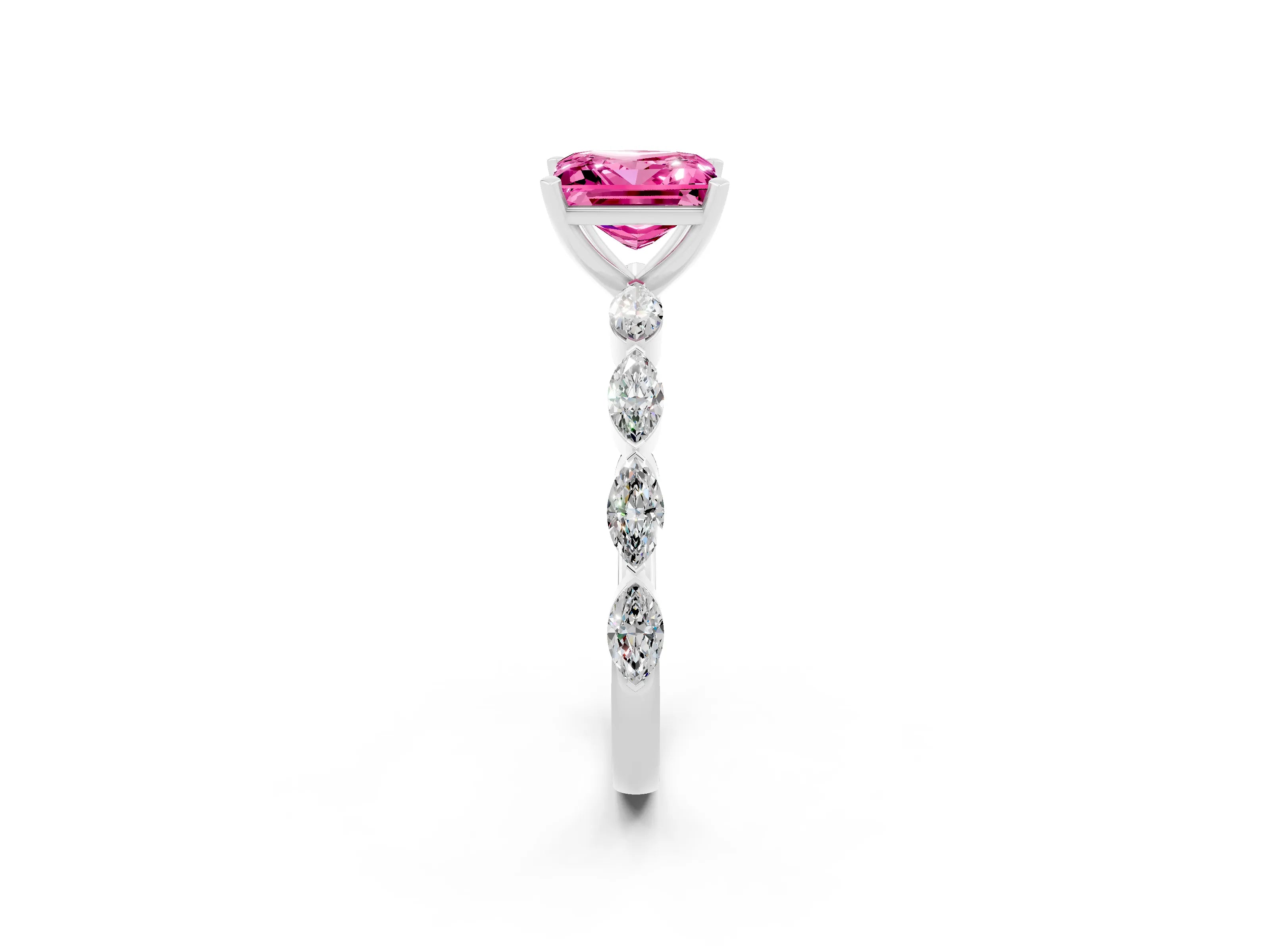 White gold Princess Cut Pink Sapphire Ring with Marquise Side Stones and Prong Setting_14