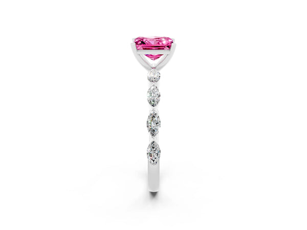White gold Princess Cut Pink Sapphire Ring with Marquise Side Stones and Prong Setting