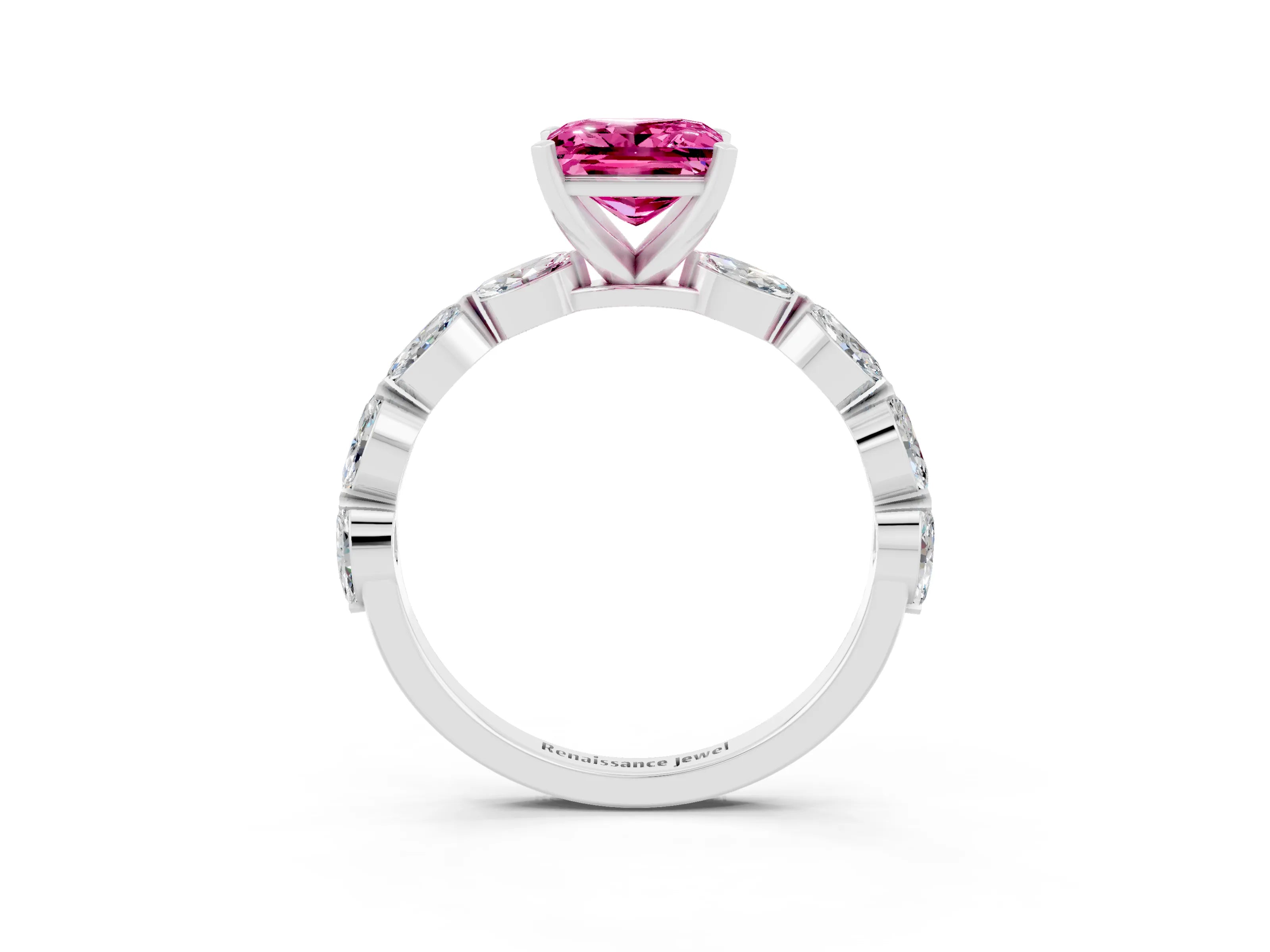 White gold Princess Cut Pink Sapphire Ring with Marquise Side Stones and Prong Setting_15