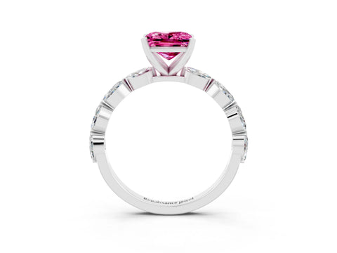 White gold Princess Cut Pink Sapphire Ring with Marquise Side Stones and Prong Setting_15