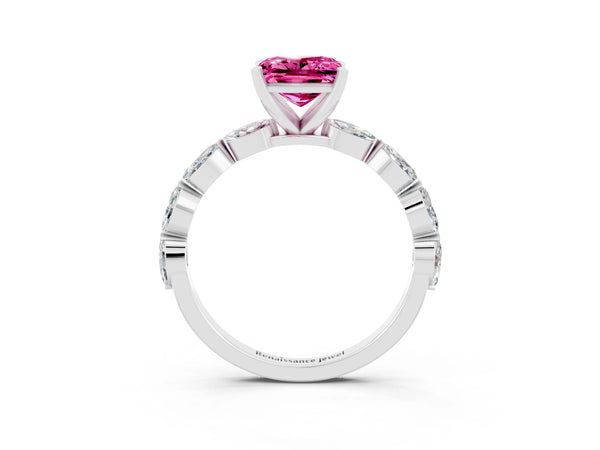 Silver Princess Cut Pink Sapphire Ring with Marquise Side Stones and Prong Setting