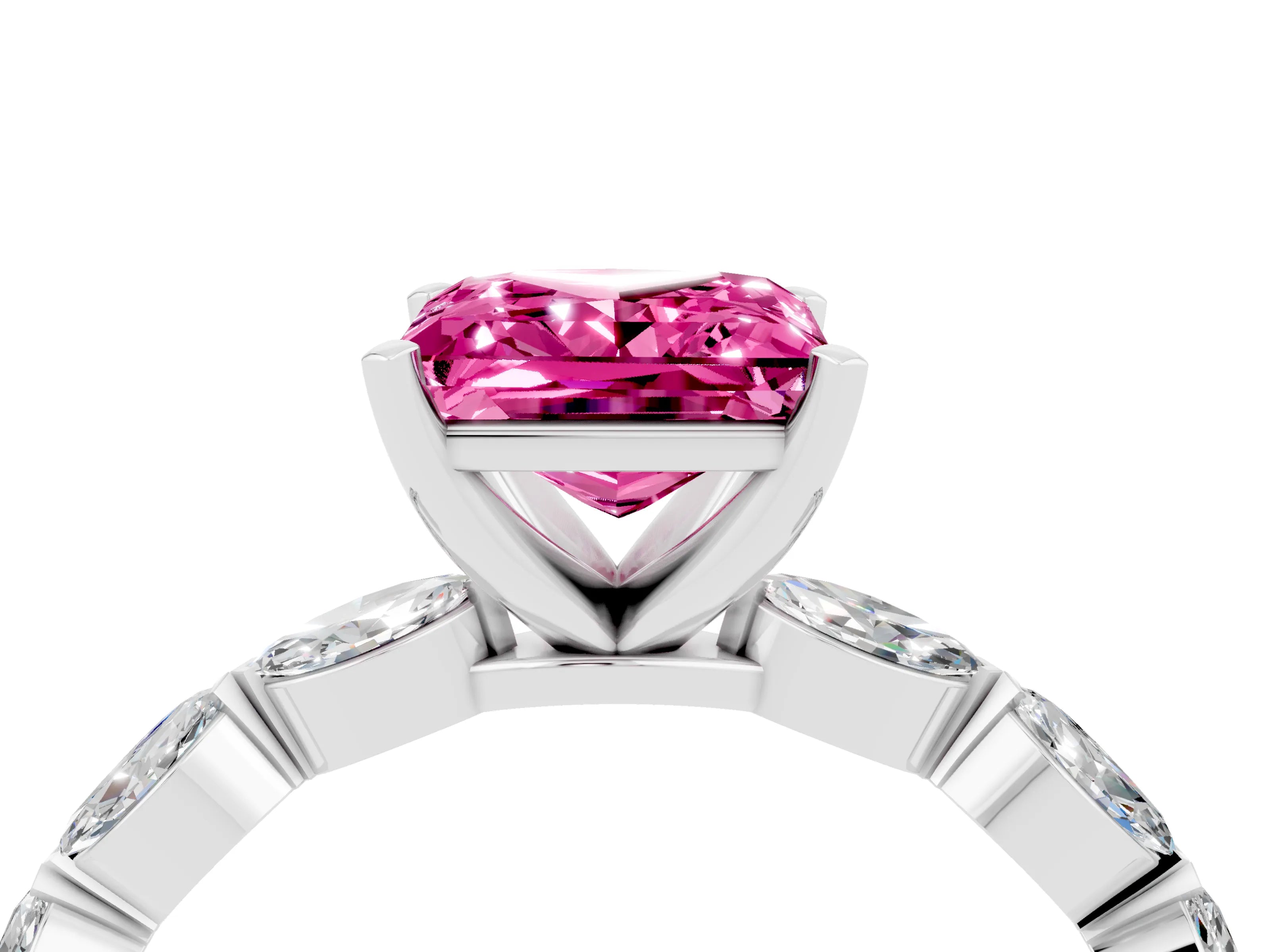 White gold Princess Cut Pink Sapphire Ring with Marquise Side Stones and Prong Setting_16