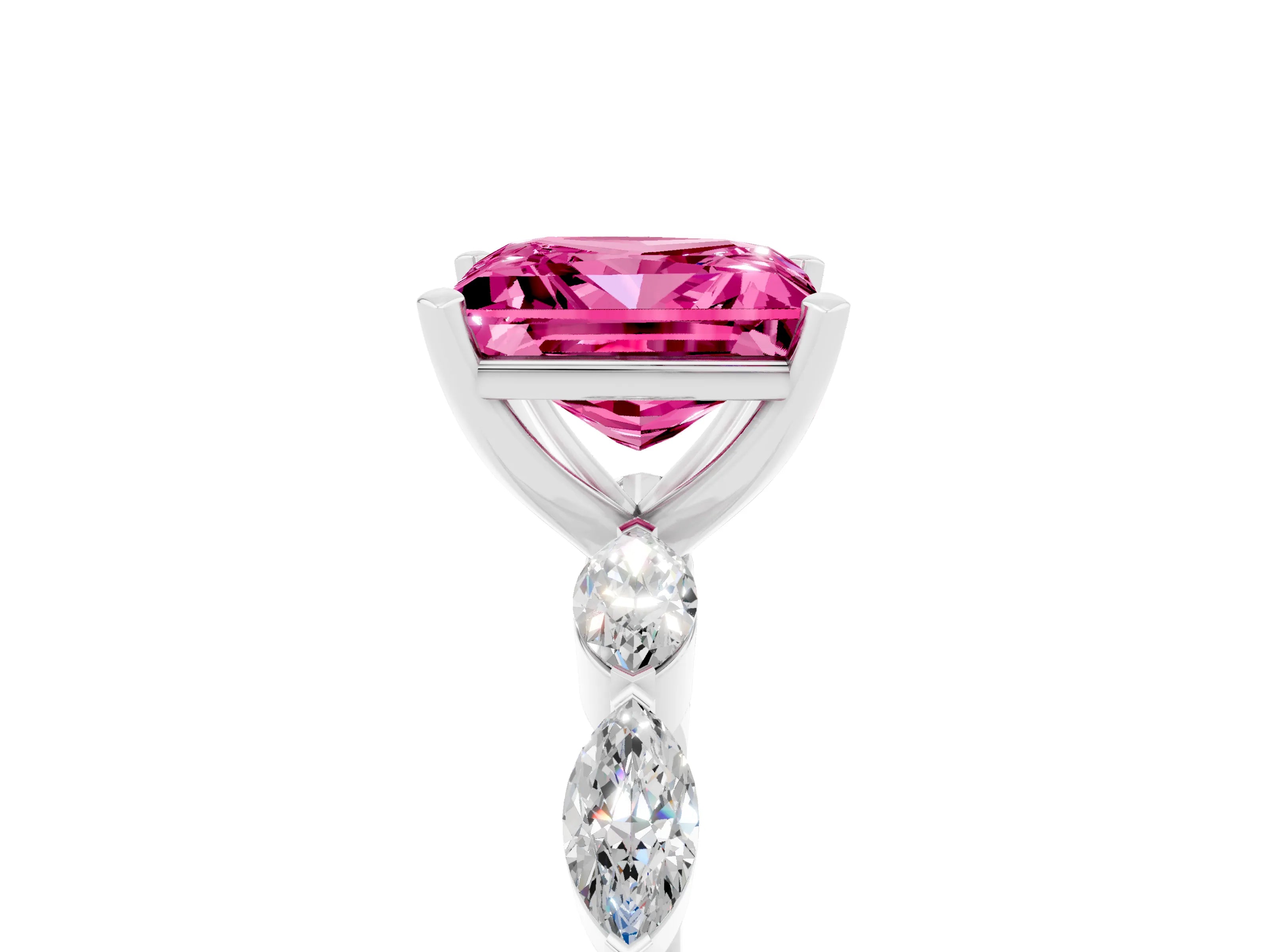 White gold Princess Cut Pink Sapphire Ring with Marquise Side Stones and Prong Setting_17