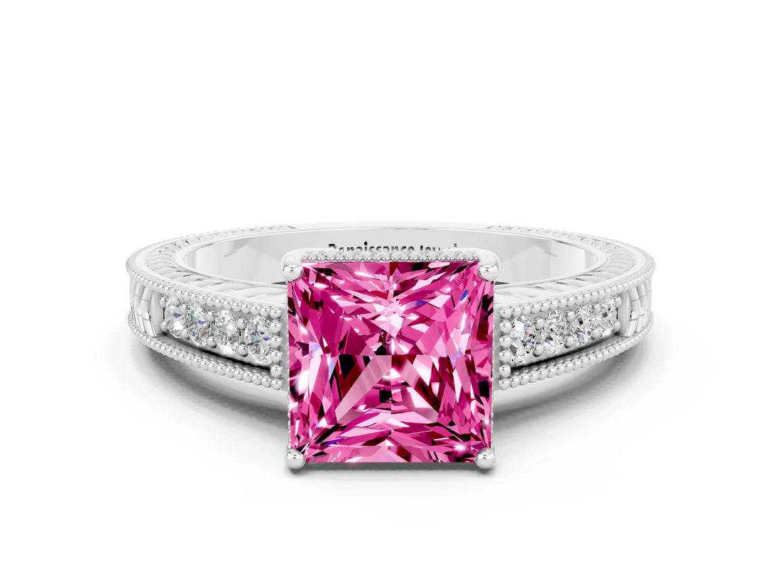 White gold Princess Cut Pink Sapphire Ring with Milgrain Pavé Band and Four-Prong Setting_36