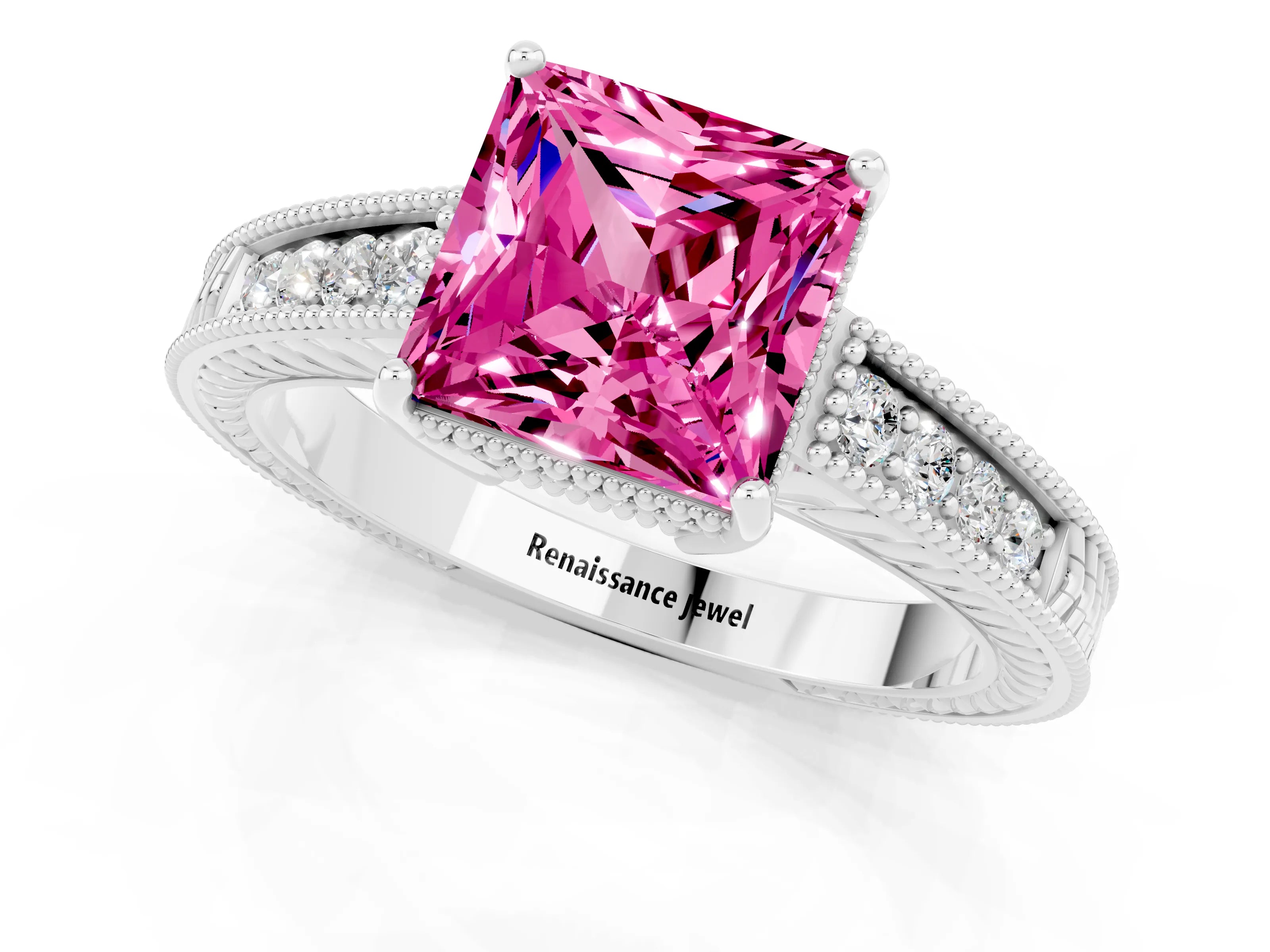 White gold Princess Cut Pink Sapphire Ring with Milgrain Pavé Band and Four-Prong Setting_37