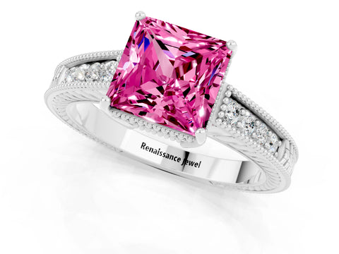 White gold Princess Cut Pink Sapphire Ring with Milgrain Pavé Band and Four-Prong Setting_37